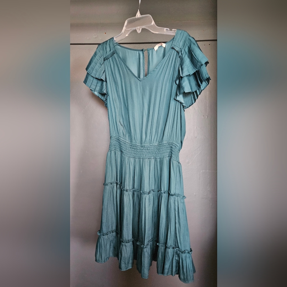 Skies Are Blue Sea Green Midi Dress with Tiered Sleeves
